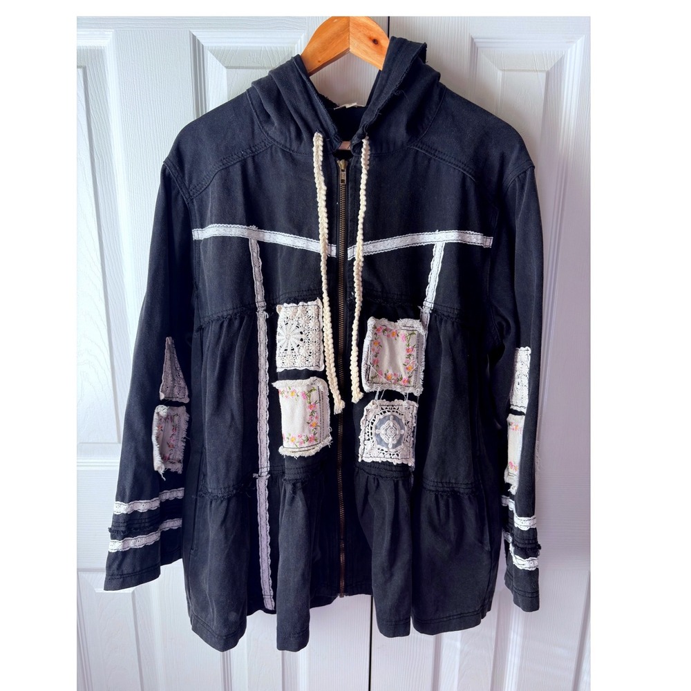 POL Black Patchwork Cotton Tiered Oversized Hooded Boho Lace Trim Swing Jacket S